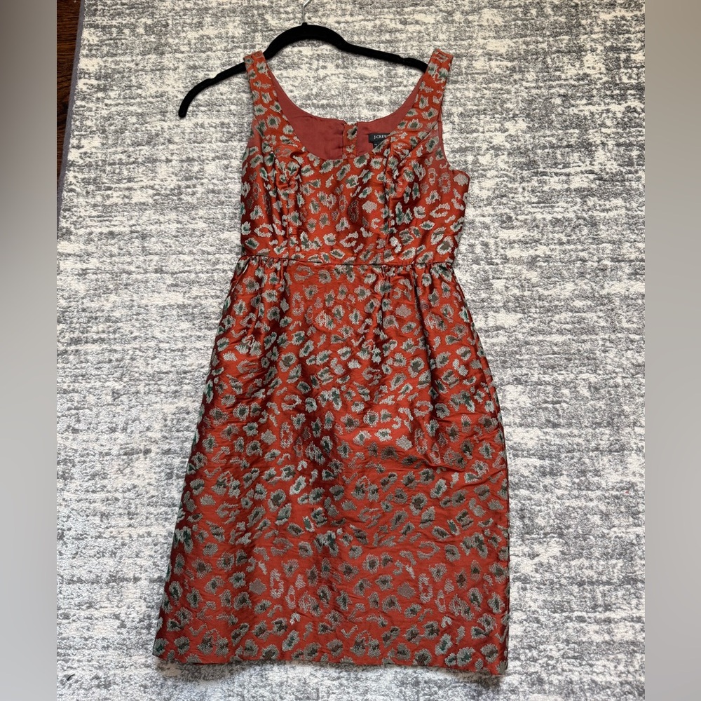 JCrew Rust Brocade Sleeveless Leopard Print Dress with Pockets.
